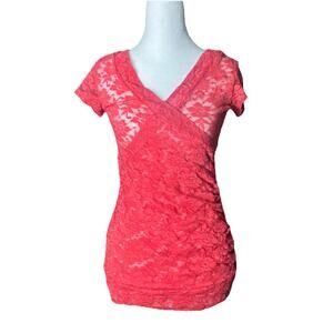 Y2K Sheer Lace Coral Feminine Romantic Top Vanity Sz M 2000s Indie Sleaze Party